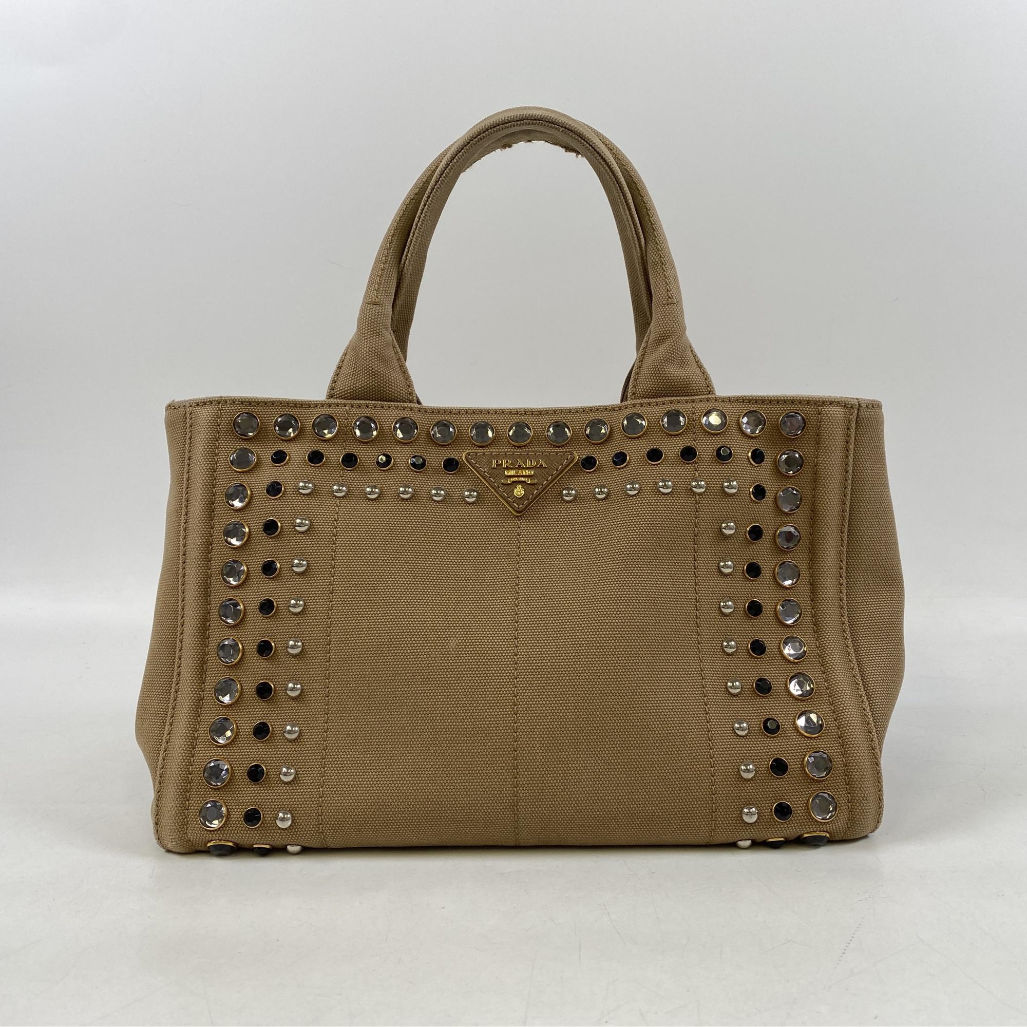 プラダ カナパ ビジュー 2WAYハンドバッグ ベージュ キャンバス B2439O