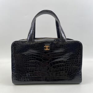 シャネル ボストンバッグ 黒 クロコダイル GD金具 シールあり