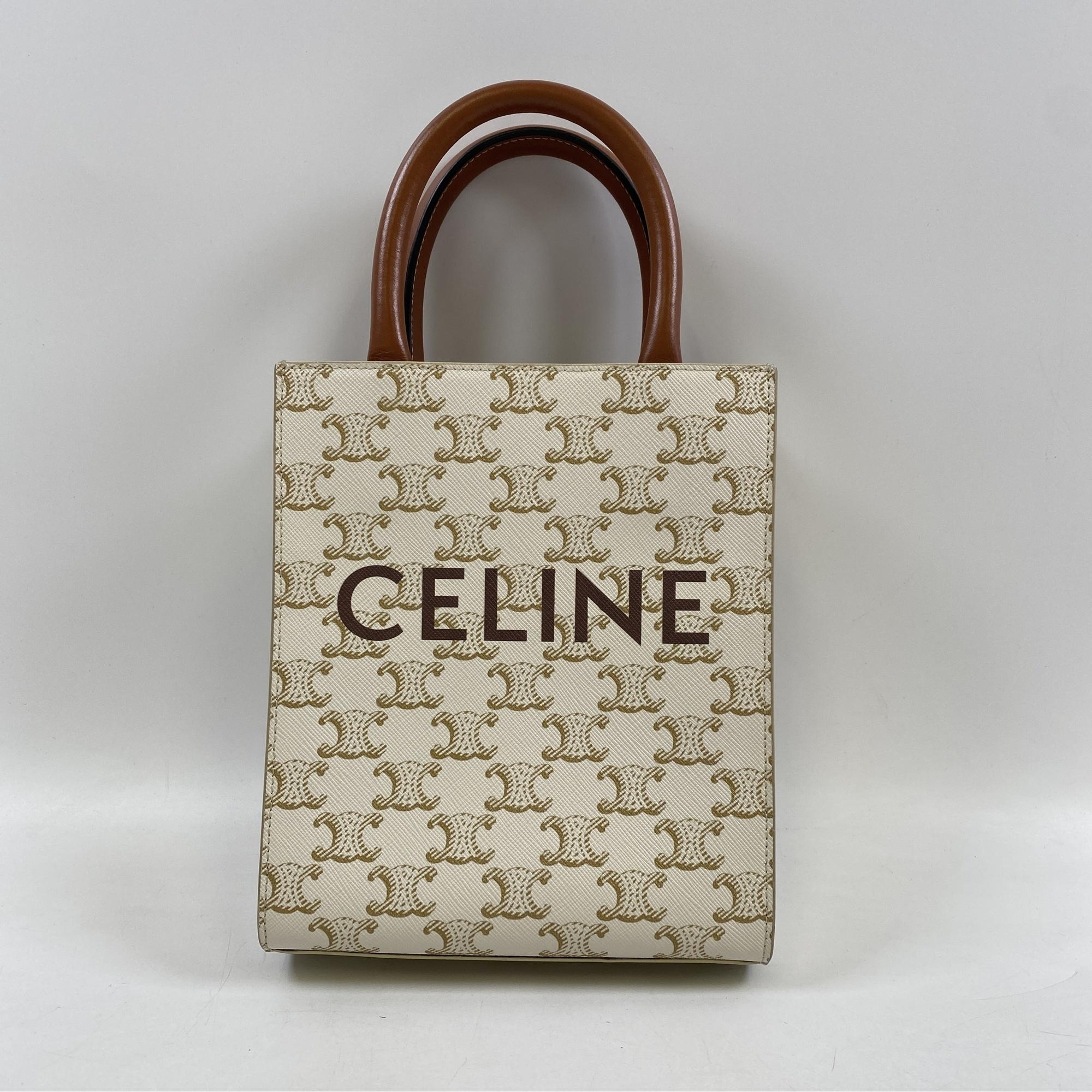 セリーヌ ミニバーティカルカバ 白×ベージュ レザー GD金具 Bランク