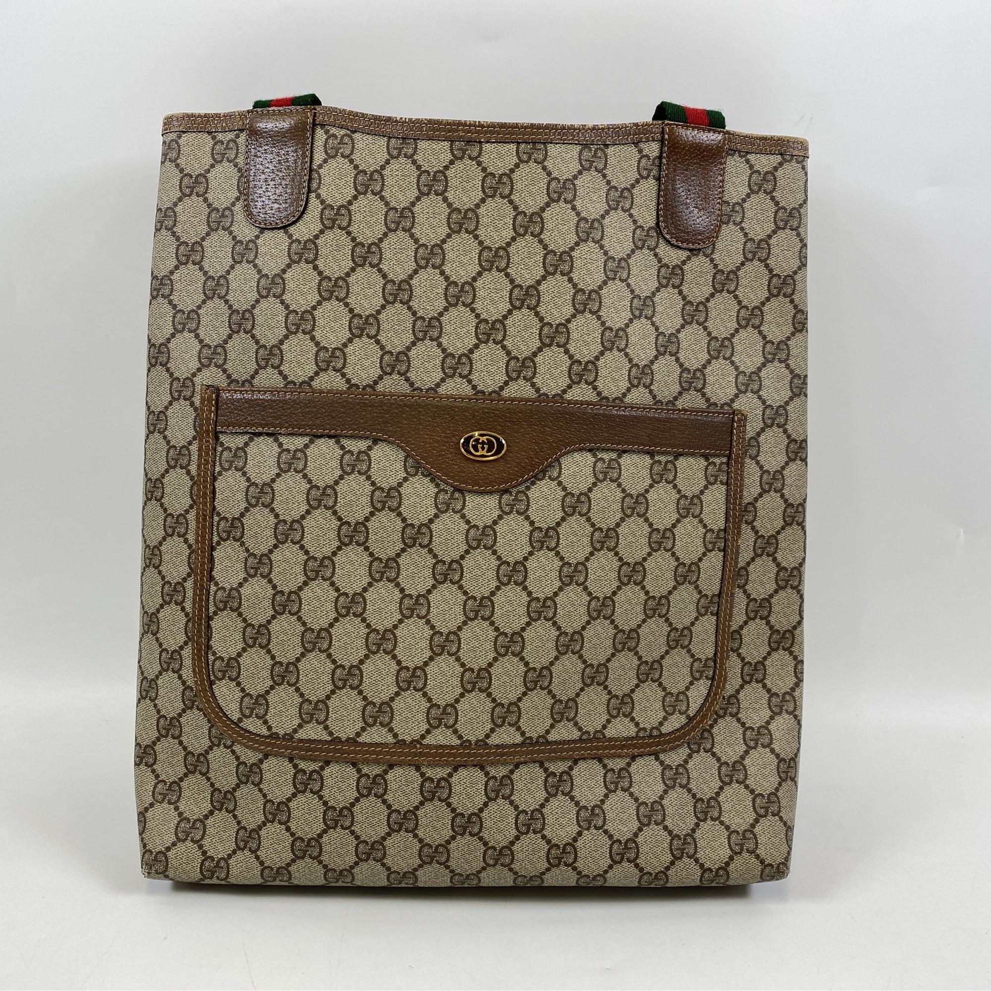 グッチ GGキャンバス トートバッグ ブラウン×トリコロール レザー