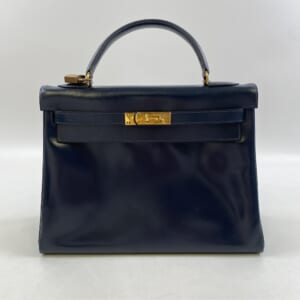 エルメス ケリー32 ネイビー系 ボックスカーフ GD金具 〇J刻印