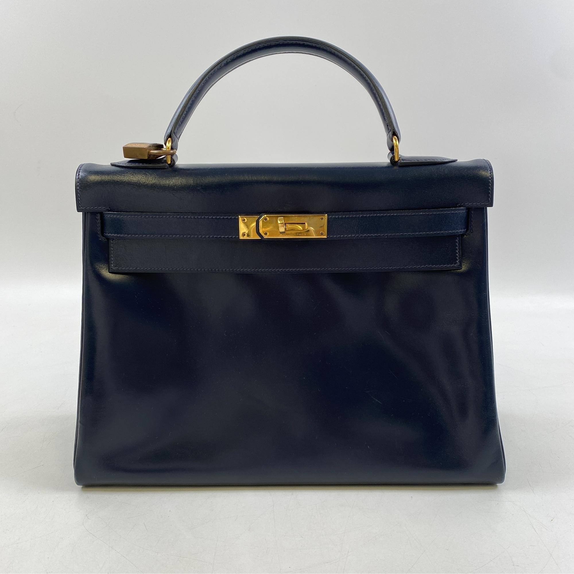 エルメス ケリー32 ネイビー系 ボックスカーフ GD金具 〇J刻印 Bランク