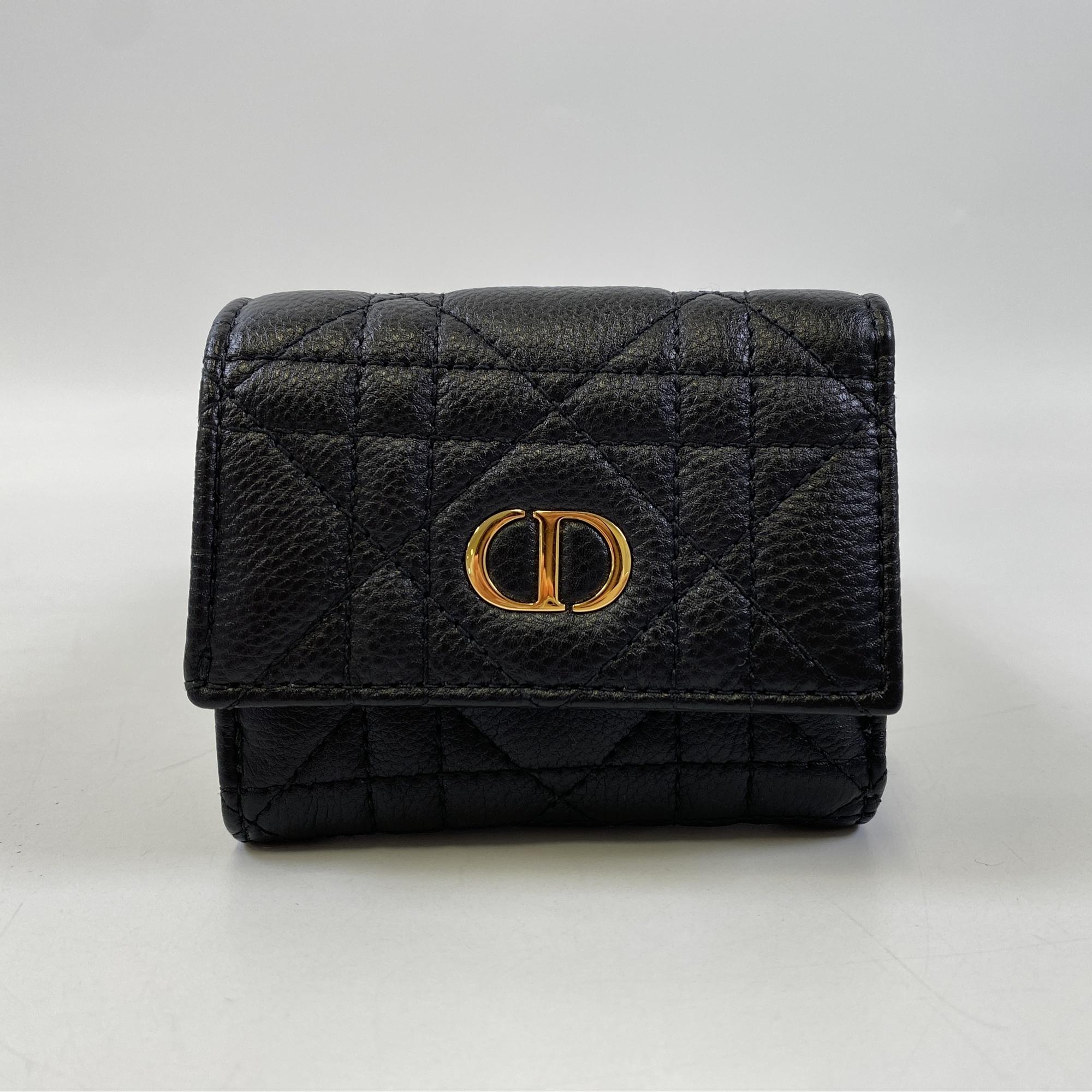 ディオール Dior Caro Veronia カロ 三つ折り財布 カナージュ レザー ブラック Aランク