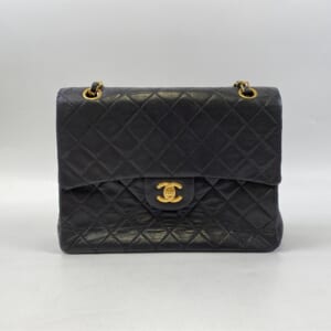 シャネル マトラッセ25 Wフラップ Wチェーンショルダーバッグ 黒 ラムスキン GD金具 シール有